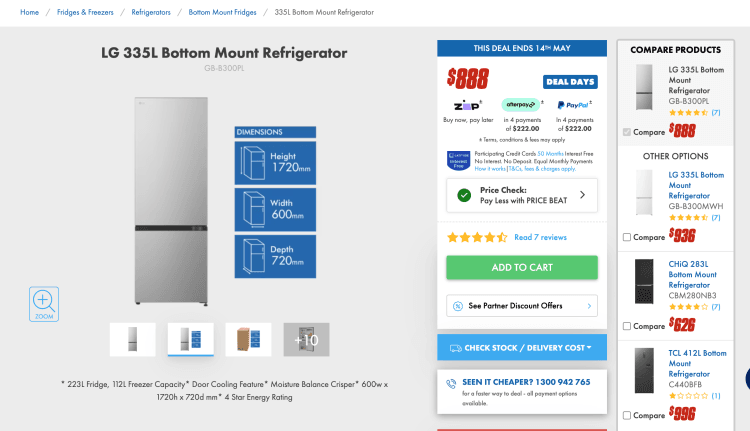 The Good Guys: LG 335L Bottom Mount Refrigerator (GB-B300PL) – $878 with Price Beat